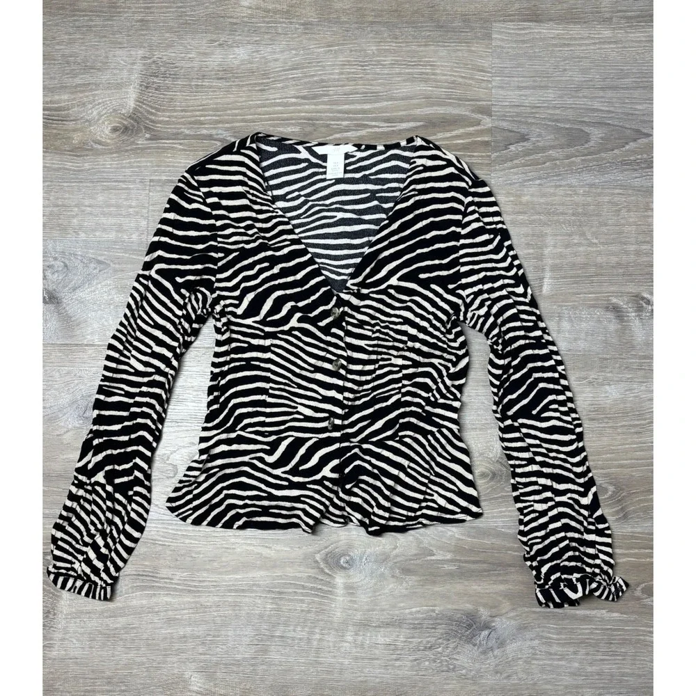 Used H&M Womens Black White Zebra Print Long Sleeve Top US Size 8 Excellent Cond - Picture 2 of 8